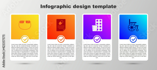 Set Eyeglasses, Medical prescription, Pills in blister pack and Wheelchair. Business infographic template. Vector