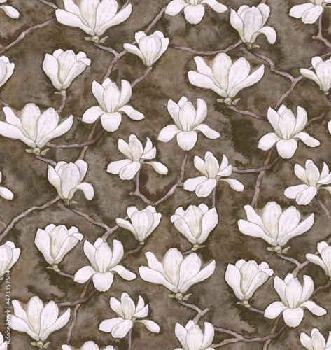 Seamless pattern with white blooming magnolia on a dark background  painted with watercolor