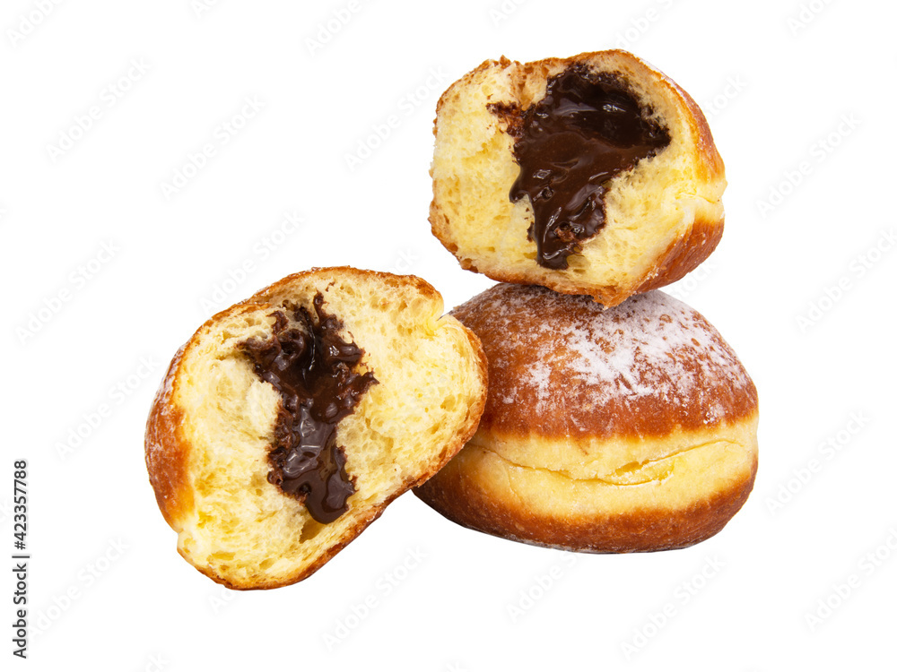 Bright tasty berliner donut ball with chocolate cream filling isolated on the white background Bright tasty berliner donut ball with chocolate cream filling isolated on the white background