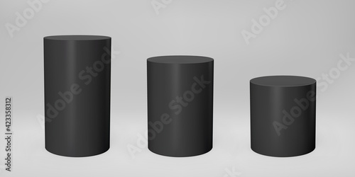Black 3d cylinder front view and levels with perspective isolated on grey background. Cylinder pillar, empty museum stages, pedestals or product podium. 3d basic geometric shapes vector illustration