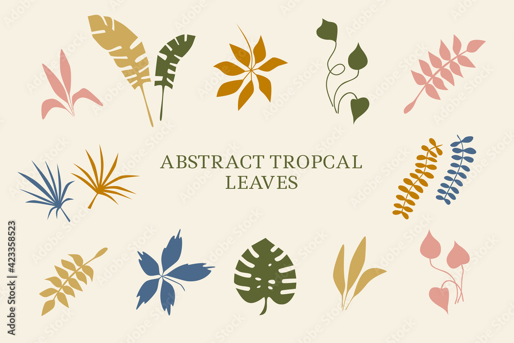Tropical plants, leaves. Summertime nature objects. Jungle, modern trendy style. Set elements for design of card, poster and banner