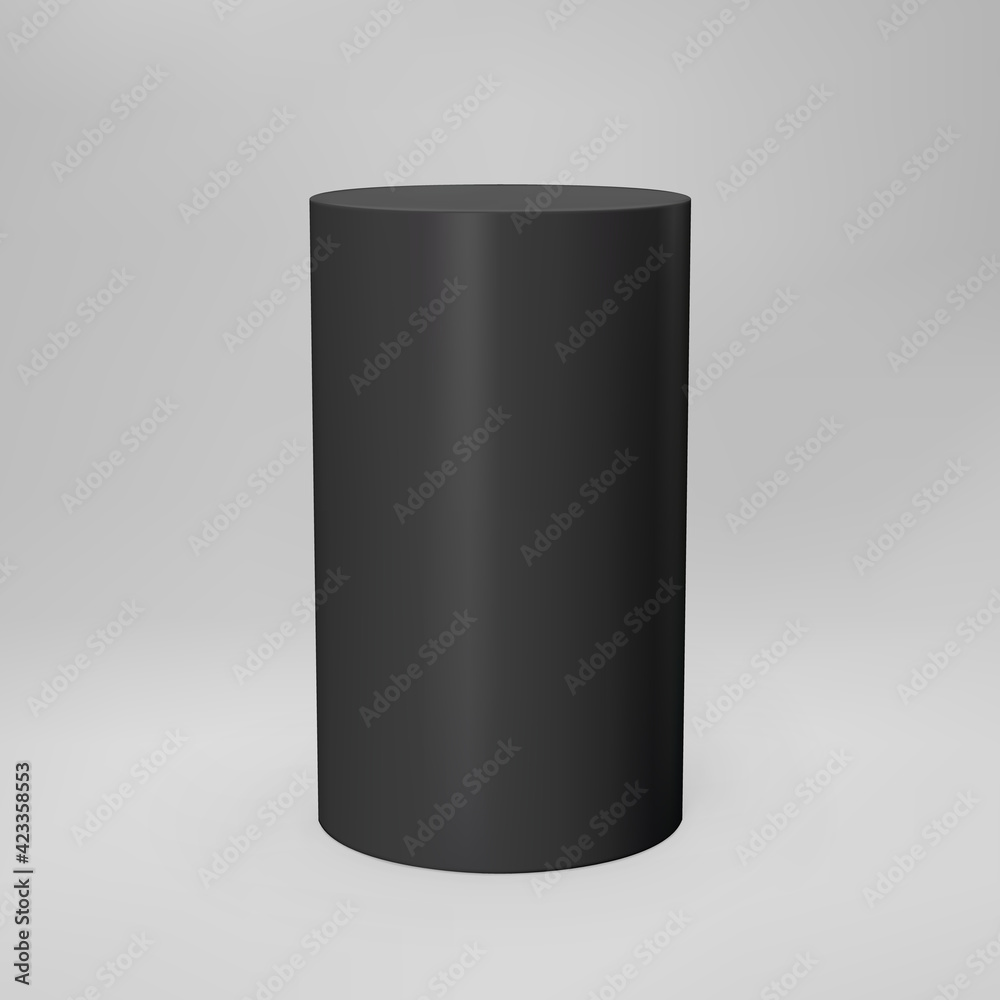 Black 3d cylinder front view with perspective isolated on grey background. Cylinder pillar, empty museum stage, pedestal or product podium. 3d basic geometric shape vector illustration Black 3d cylinder front view with perspective isolated on grey background. Cylinder pillar, empty museum stage, pedestal or product podium. 3d basic geometric shape vector illustration