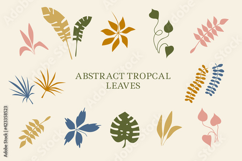 Tropical plants, leaves. Summertime nature objects. Jungle, modern trendy style. Set elements for design of card, poster and banner