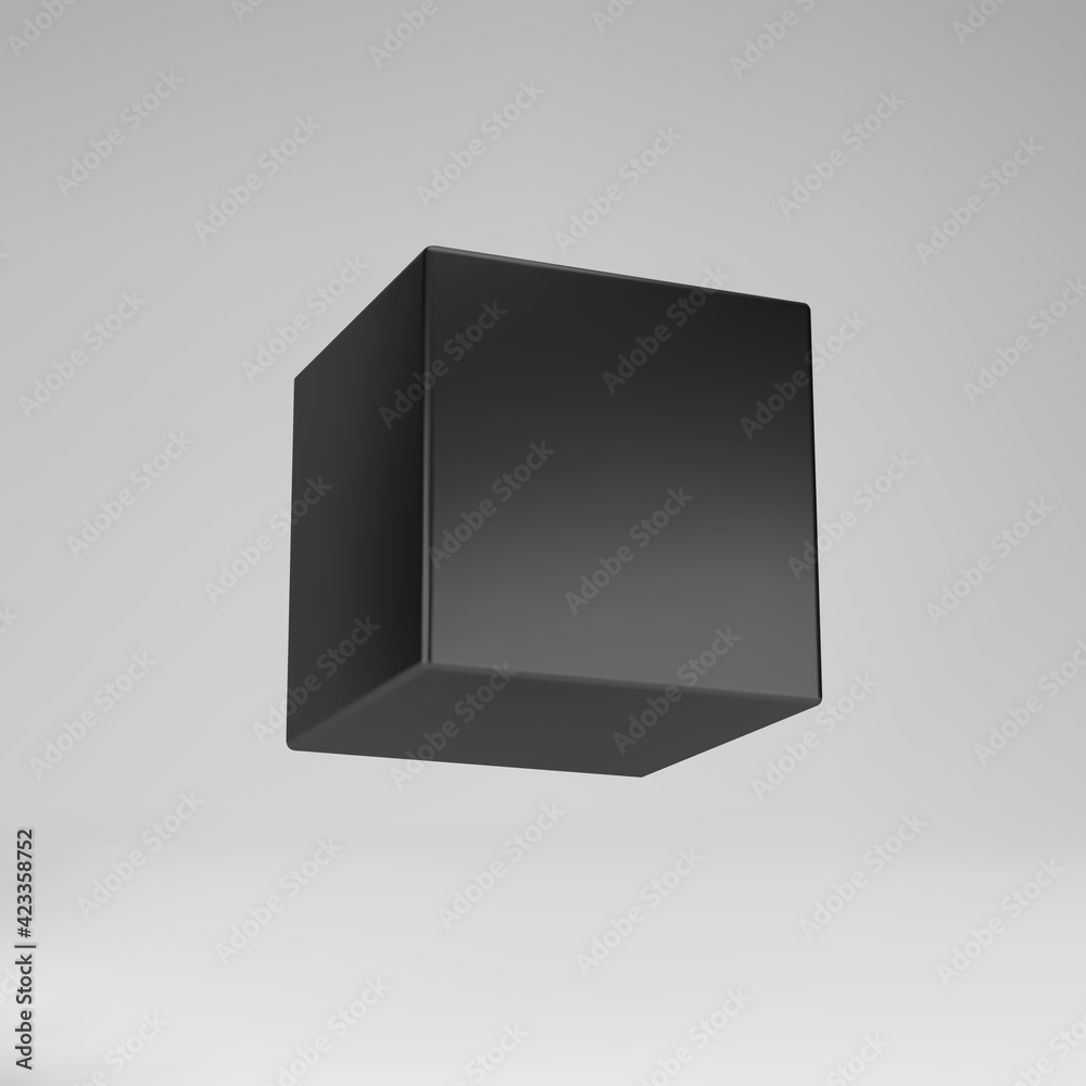 Fototapeta premium Black 3d modeling cube with perspective isolated on grey background. Render a rotating 3d box in perspective with lighting and shadow. 3d basic geometric shape vector illustration