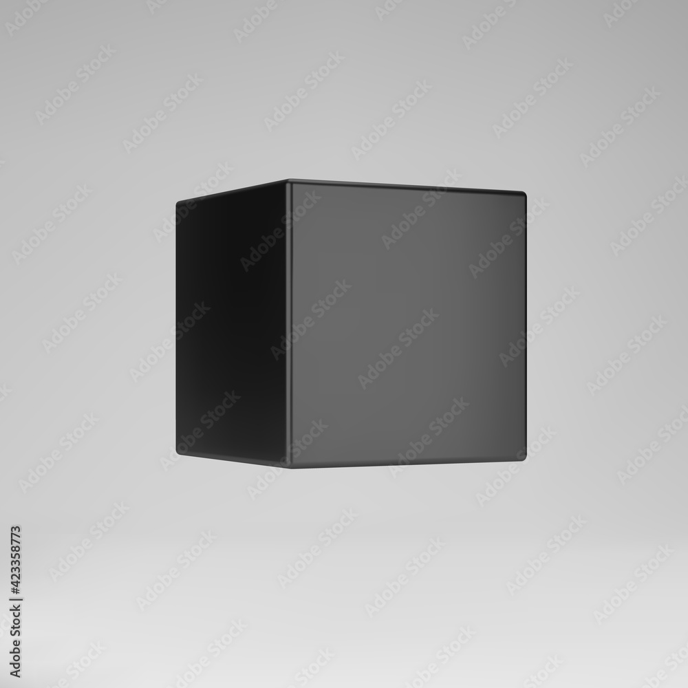Black 3d modeling cube with perspective isolated on grey background. Render a rotating 3d box in perspective with lighting and shadow. 3d basic geometric shape vector illustration