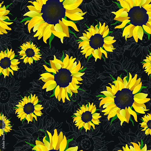 Seamless pattern with yellow sunflower on black background. Vector illustration