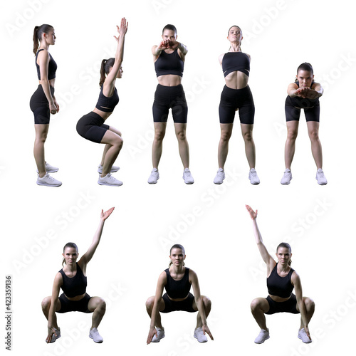 Set of various side and front views back and arm yoga stretching exercises by fit woman. Full body isolated on white background. 