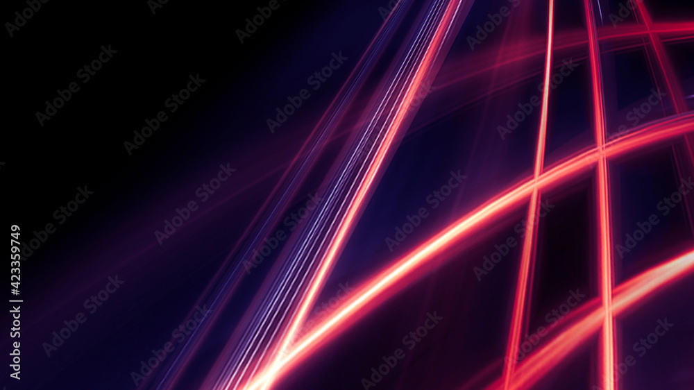 Dark abstract background with neon lines, geometric shapes and rays. Multi-color neon light. Night view, movement of light, symmetrical reflection of neon. 3D illustration Dark abstract background with neon lines, geometric shapes and rays. Multi-color neon light. Night view, movement of light, symmetrical reflection of neon. 3D illustration