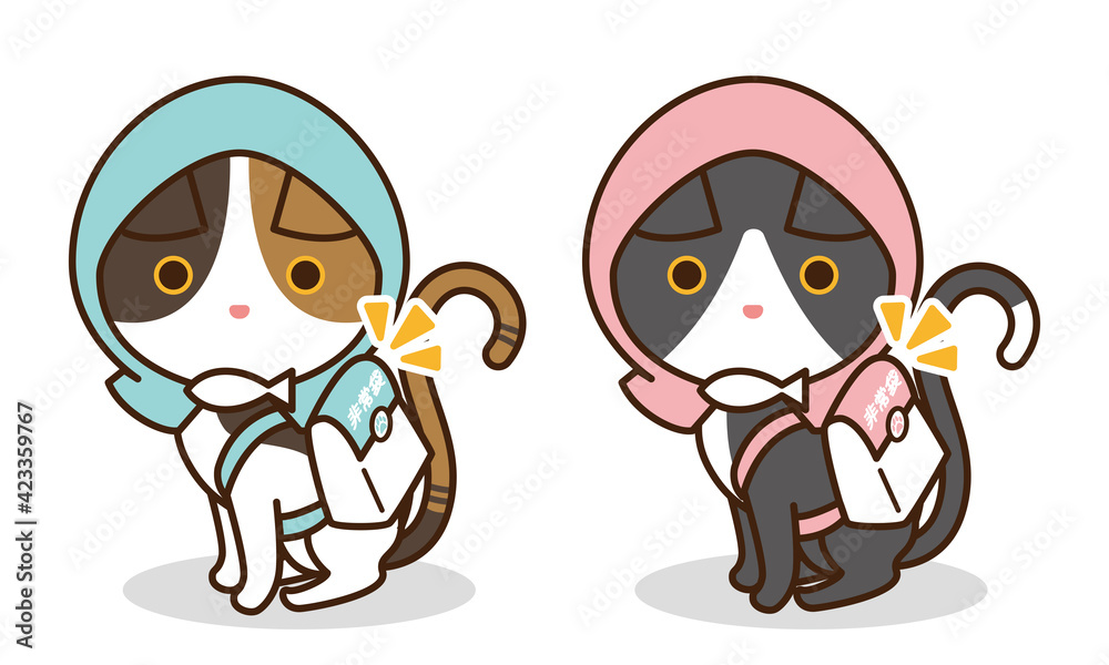 Fototapeta premium 防災頭巾を被って非常袋を背負う猫のイラスト