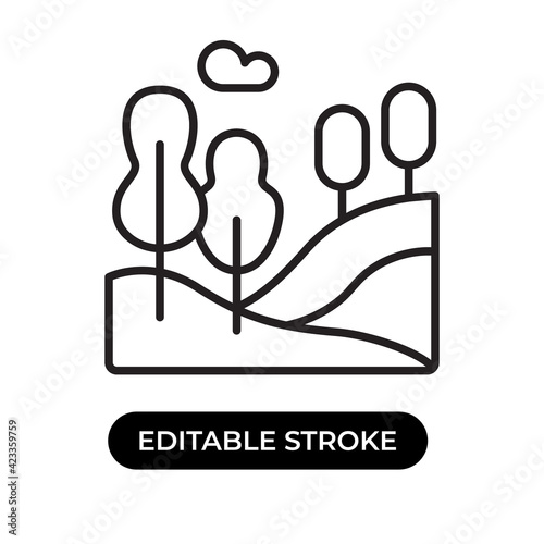 Vector illustration of hill icon. Landscape of hills with trees and cloud. Editable stroke with line design style