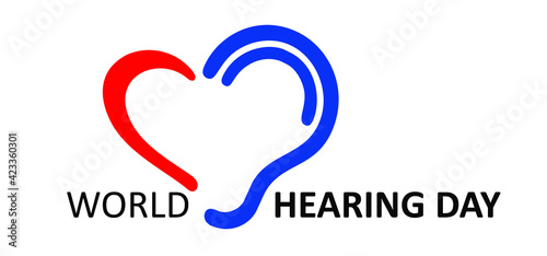 Symbol for deafness with love heart. Limited hearing. World hearing day or World deaf day. Ear hearing loss symbol. Ear icon. Flat vector signs. Deaf problem. Hearing loss impairment logo. 