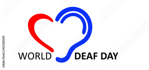 Symbol for deafness with love heart. Limited hearing. World hearing day or World deaf day. Ear hearing loss symbol. Ear icon. Flat vector signs. Deaf problem. Hearing loss impairment logo. 