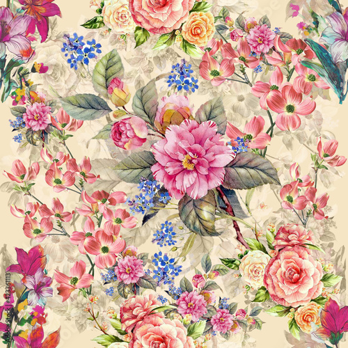 Beautiful watercolor Bouquet of summer flowers seamless pattern