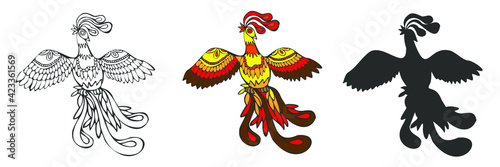 Phoenix, Fire bird or Fenghuang fabulous character. 
A mythical fiery peacock flying with fluffy feathers. Hand drawn design isolated on a white background with its silhouette and outline.