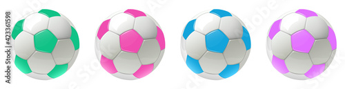 Soccer balls isolated set, pastel colors 3D spheres icons collection, realistic vector illustration.