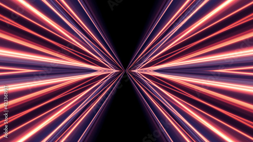 Dark abstract background with neon lines, geometric shapes and rays. Multi-color neon light. Night view, movement of light, symmetrical reflection of neon. 3D illustration 
