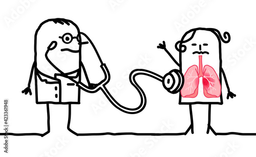 Cartoon Doctor using Stethoscope and Woman with Pulmonary problems