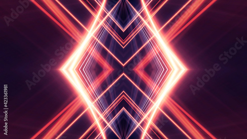 Dark abstract background with neon lines, geometric shapes and rays. Multi-color neon light. Night view, movement of light, symmetrical reflection of neon. 3D illustration 