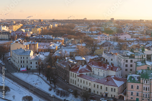 Vyborg Russian Federation 01/05/2017. View of the northern city houses and roofs covered with snow