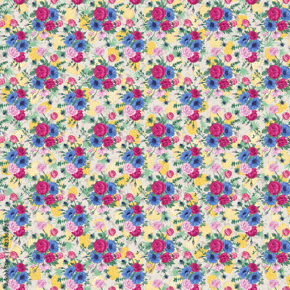 Flowers peach with ribbon watercolor seamless pattern