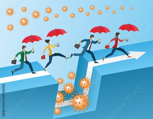 Group of people trying to escape from effects of Coronavirus, Covid-19. Running and jumping over gap. Try to protect them selfs with umbrella and mouthguards. Vector illustration. EPS10.