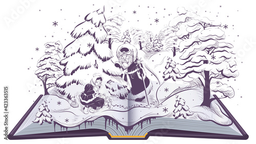 Russian fairy tale morozko stepmother and stepdaughter girl in winter forest and santa claus. Open book