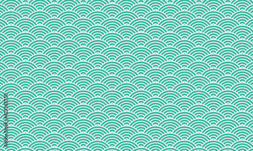 Simple Nature background Japanese Circle Backdrop Patter With Ocean Waves. Seigaiha or Seigainami - Waves of the Sea Japanese Classic Repetitive Pattern Background. Monochrome Green Repeat Background.