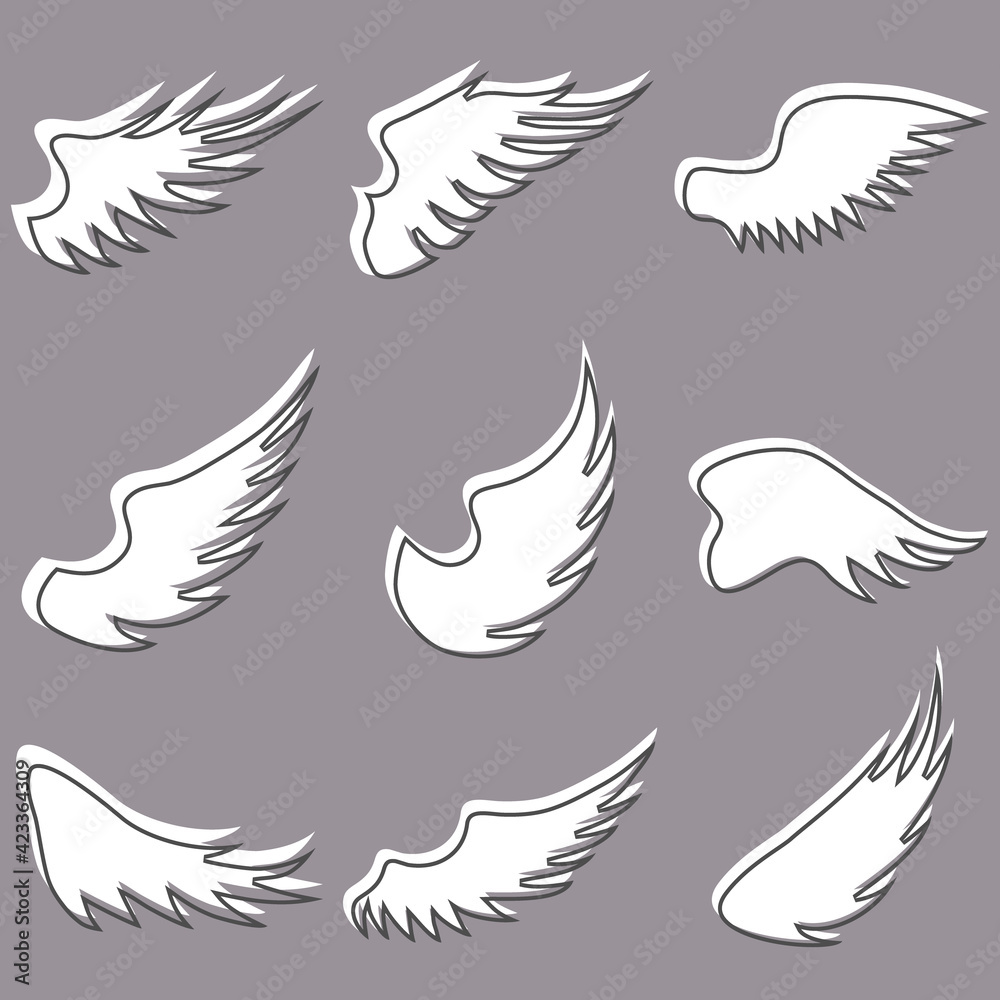 Fototapeta premium Angel wings. Set of white angel wings on a dark background. Vector illustration. Vector.