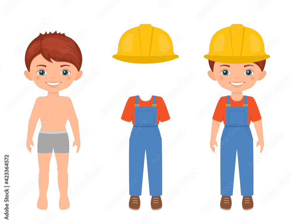 Dress up cute boy in workwear. Paper doll character template.Cartoon flat style