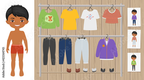 Dress up cute chibi Indian boy. Paper doll character template. Flat cartoon style