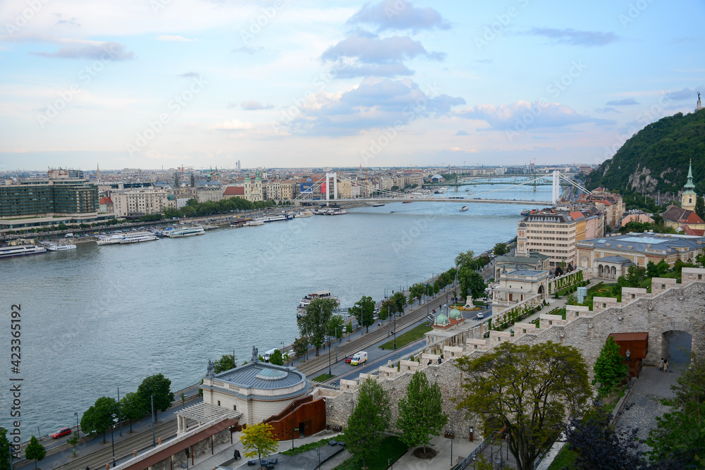 Budapest, Hungary - May 2, 2019: View to Danube river and Pest from Buda Castle