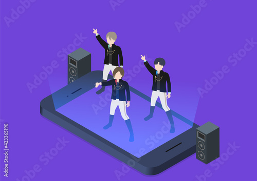 ライブ配信をする男性アイドルグループのイラスト素材