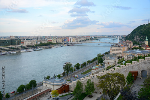 Budapest, Hungary - May 2, 2019: View to Danube river and Pest from Buda Castle