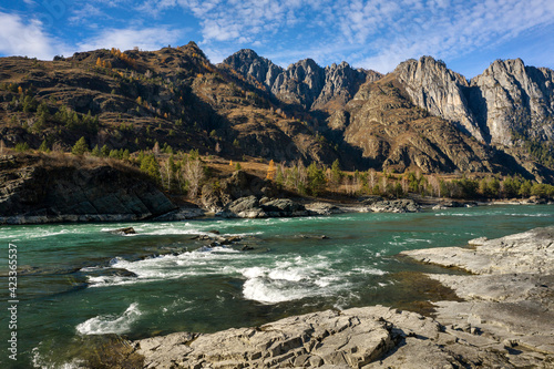 Altai mountains in autumn. Katun river. Elandinsky rapids. photo