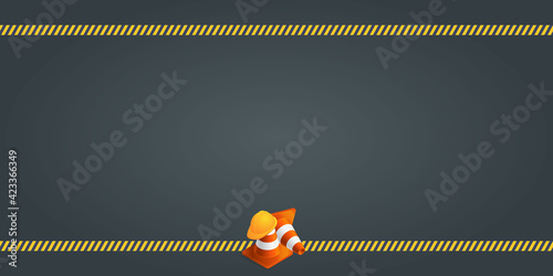 Vector background with orange plastic traffic cones, construction helmet, safety tape and copyspace. Under construction template on dark gray background. Vector illustration.