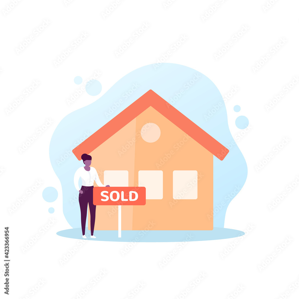 real estate agent with sold sign near a house, vector art real estate agent with sold sign near a house, vector art