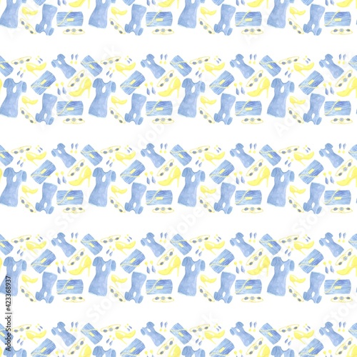 Seamless pattern with womens wardrobe items in blue color watercolor technique
