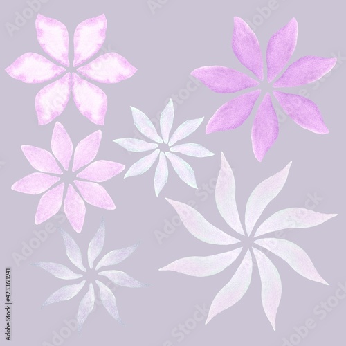 simple watercolor flowers isolated elements on a lilac background