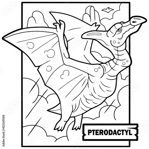 prehistoric dinosaur pterodactyl, coloring book, funny illustration