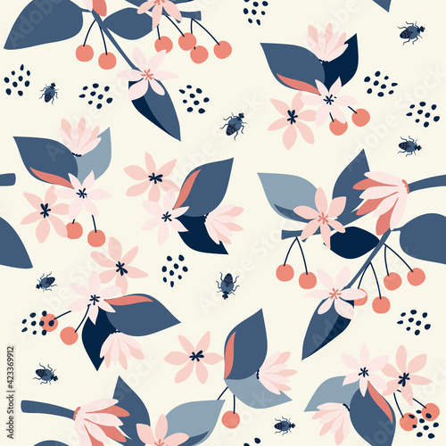 Seamless natural pattern  cherry  flowers  fetus and green leaf  white  background. Hand drawing. Design for textiles  wallpapers  printed products. Vector illustration