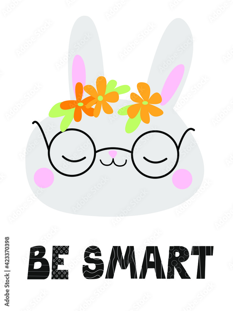 Be smart pet cute bunny with glasses and flowers. 