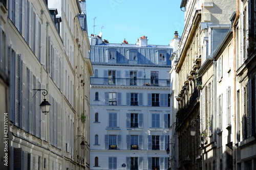 The facade of the Marais an historical quarter in Paris center. Spring 2021, Paris, France.