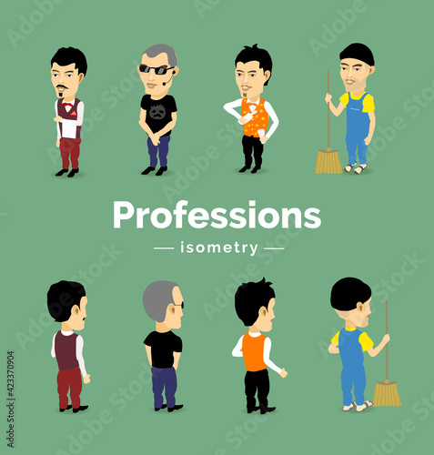 Male characters of different professions on a colored isolated isometric background. Bartender, security guard, waiter, cleaner. Vector illustration
