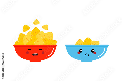 Couple of cartoon style nacho chips, tortilla chips bowls, happy and full and sad half empty bowl characters.
