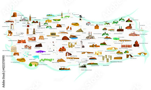 Turkey's historical and touristic places. 84 touristic place. Vector images. 