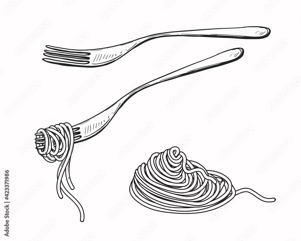 Hand drawn sketch black and white of pasta, spaghetti, fork. Vector