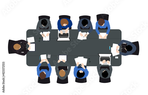 Business meeting top view on long table conference office team .vector illustration