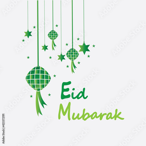 Eid mubarak background with ketupat,crescent and stars for celebrate eid ul fitr or eid ul adha - Vector illustration