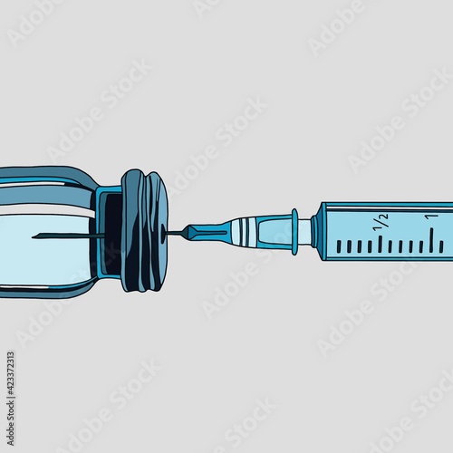 The needle of the syringe is stuck in a bottle with a vaccine or medicine. Hand drawing on a medical theme.