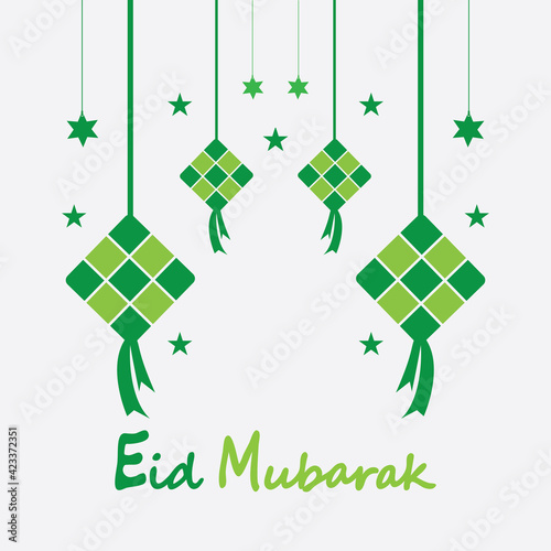 Eid mubarak background with ketupat,crescent and stars for celebrate eid ul fitr or eid ul adha - Vector illustration